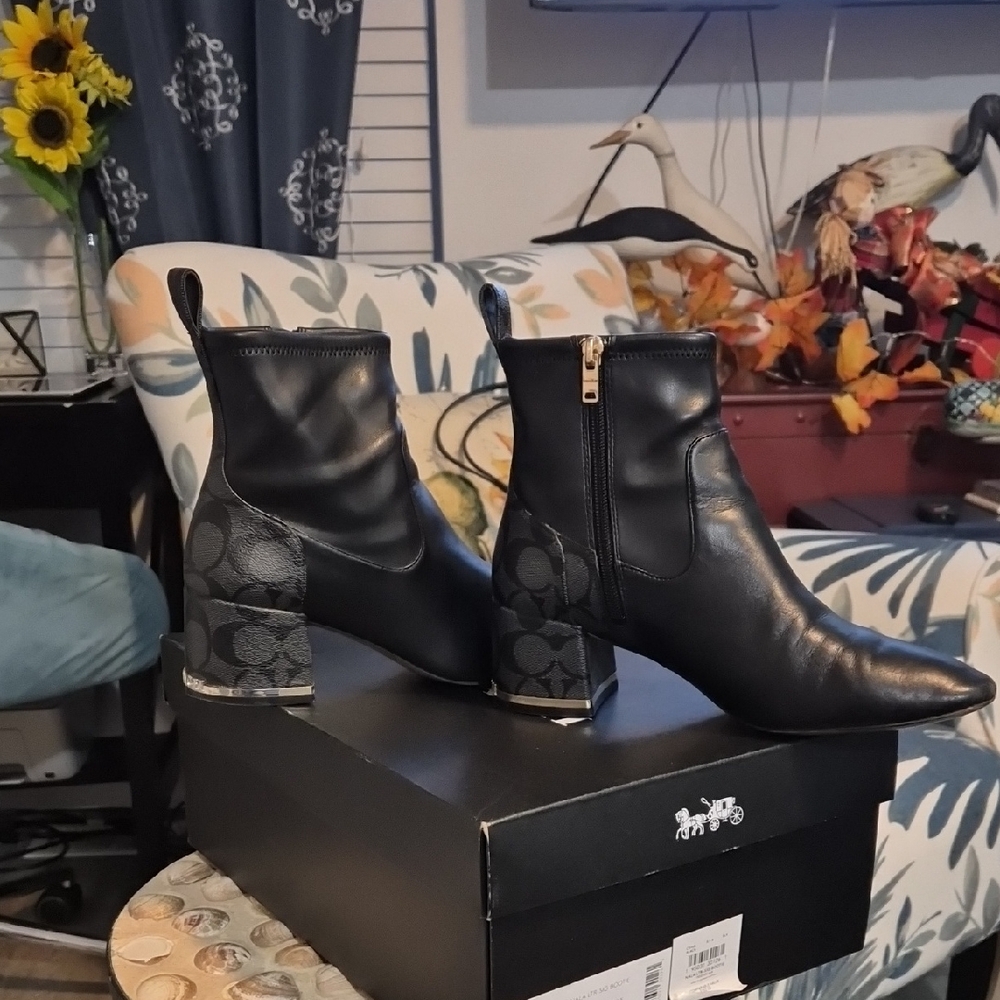 Coach Black Heeled Boots with Signature Pattern